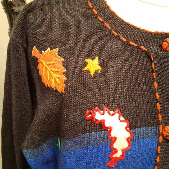 Arriviste Fall Halloween Embellished Scarecrow Leaves Cat Sweater Cardigan sz L - Picture 3 of 8